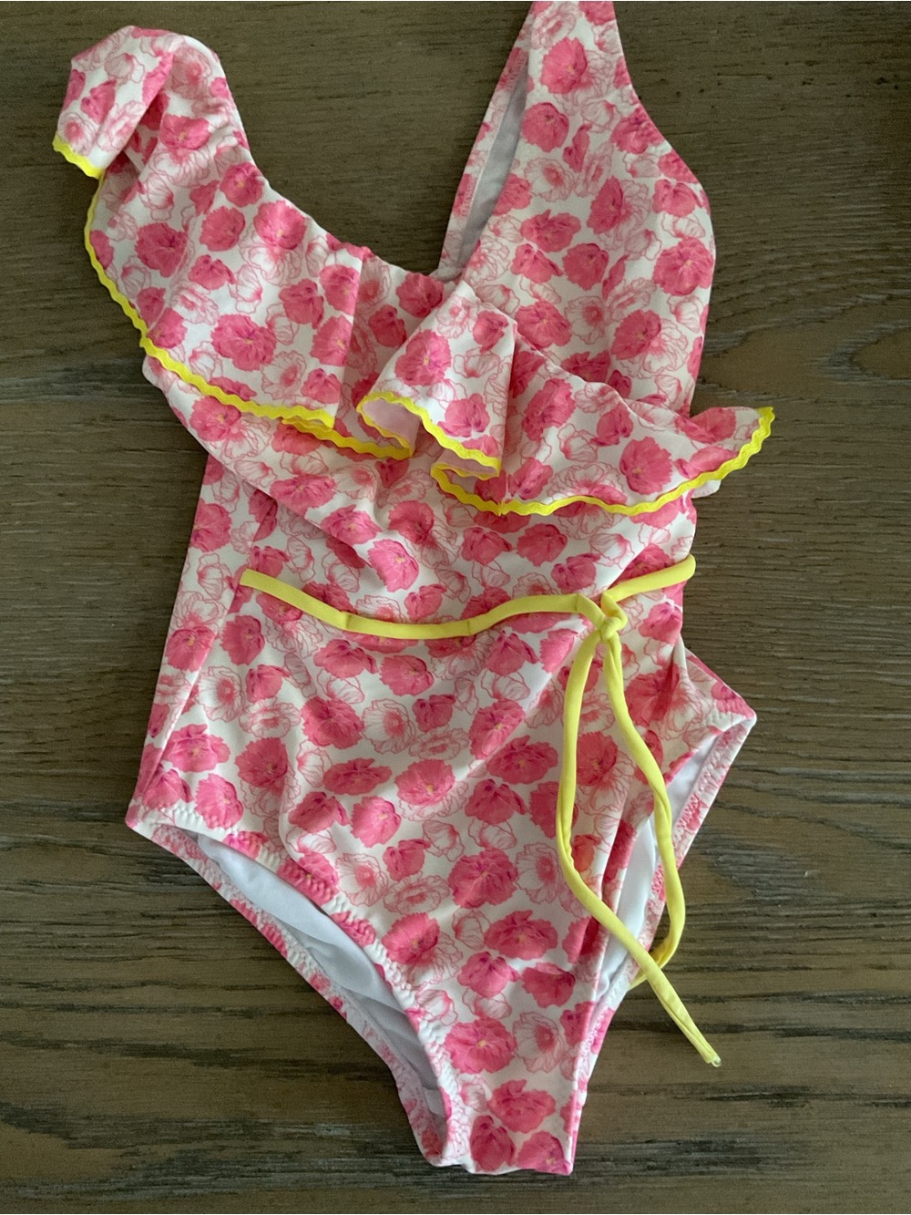 Girls Pink Floral Swimsuit with Yellow Trim Nessi Byrd size 8